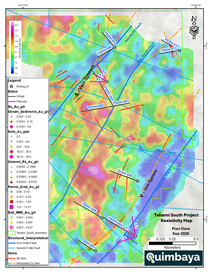 Figure 3. Tahami South plan showing the interpreted S and V vein traces, the ground geophysical response, Phase 1 drill collars with the TSDH_003 and TSDH_007 intercepts annotated, and the Phase 2 collar positions.