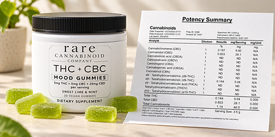 Rare Cannabinoid Company’s THC + CBC Mood Gummies alongside an illustrated potency summary showing THC, CBC and CBD amounts per serving.