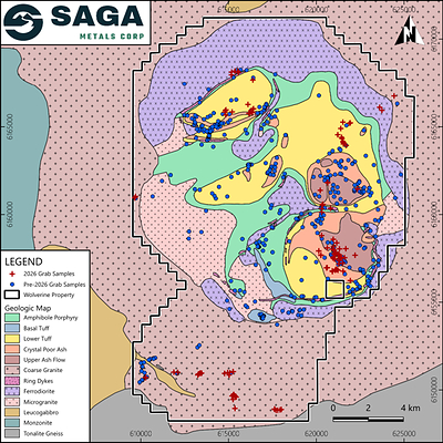 Figure 2: Geology of the Flowers River Igneous Suite including historical and 2026 grab samples from the Wolverine REE Project.