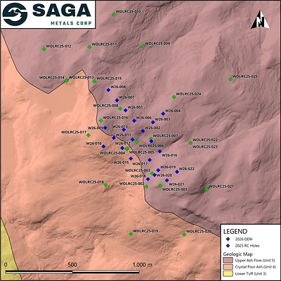 Figure 1: Location of the 2026 diamond drill holes as well as the 2025 RC drill holes relative to the identified geological settings: Upper Ash Flow (Unit 5) and Crystal Poor Ash (Unit 4).