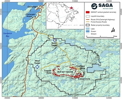 The Radar Property with the Dias QMAGT vertical gradient (Bzz) anomaly footprint shown in red (high-amplitude pixels only). The QMAGT-imaged central oxide-layering lopolith validated over a 29 km2 area, encompassing the Trapper Zone, Hawkeye Zone, and the new Falcon Zone, with additional targets highlighted to the west and north. The Property is well serviced by road access and is conveniently located near the town of Cartwright, Labrador.