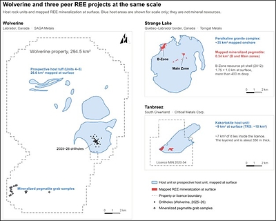 Figure 2: The map places the three projects side by side at the same scale. Blue areas show each project's host rock unit, or prospective host unit, mapped at surface. Red areas show the peers' REE mineralization mapped at surface, from each owner's public disclosure (Source 1 & 2).