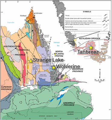 Figure 1: Proximity of the Wolverine REE Project in relation to Strange Lake and Tanbreez REE Projects.