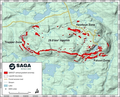Figure 1: The Radar Property with the Dias QMAGT vertical gradient (Bzz) anomaly footprint shown in red (high-amplitude pixels only). The QMAGT-imaged central oxide-layering lopolith validated over 29 km2, encompassing the Trapper Zone, Hawkeye Zone, and the new Falcon Zone.
