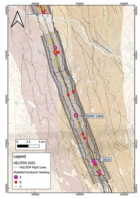 Figure 2: Geological map of the Feeder Dyke showing the flight lines of the 2025 HELITEM survey as well as all ranked conductor locations based on the recently completed detailed modelling.