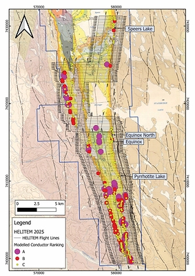 Figure 1: Geological map of the main Muskox Intrusion showing the flight lines of the 2025 HELITEM survey as well as all ranked conductor locations based on the recently completed detailed modelling.