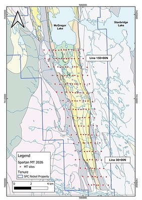 Figure 1: Geological map of the main Muskox Intrusion showing the 2026 Spartan MT ground survey site locations. Lines 150+00N and 30+00 are noted.