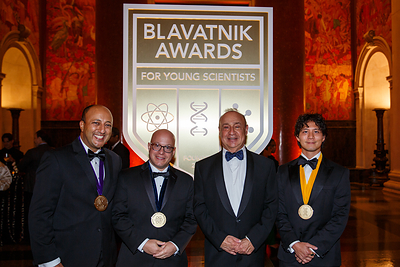 Laureates of the 2026 Blavatnik National Awards for Young Scientists at the 20th Anniversary Ceremony in NYC with Len Blavatnik, Founder of Access Industries and Head of the Blavatnik Family Foundation. From left: David Nagib, The Ohio State University; Jonathan Rivnay, Northwestern University; Len Blavatnik, Access Industries & Blavatnik Family Foundation; Patrick Hsu, Arc Institute and Stanford University. (Photo/The New York Academy of Sciences)