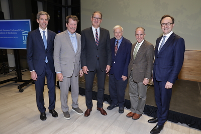 Photographed from left to right: Charles-Antoine Janssen, Director and Vice Chair of the UCB Board of Directors; Robert Califf, MD, former Commissioner of the U.S. Food and Drug Administration; Dr. Sebastian Schneeweiss, MD, ScD; Jerry Avorn, MD, Founding Chief Emeritus of the Division of Pharmacoepidemiology and Pharmacoeconomics at Brigham and Women's Hospital; Dr. Jose Florez, MGB Department of Medicine Chair; Emmanuel Caeymaex, Head of Patient Evidence, UCB