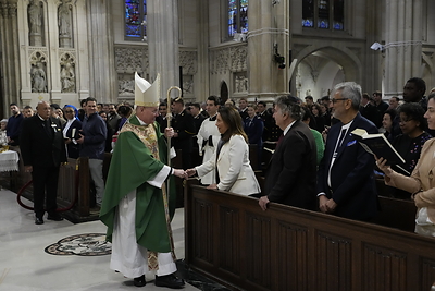 Bishop Edmund Whalen, Vicar General for the Archdiocese of New York welcomes, from left, Karen Schneier Dresbach, Executive Vice President of the Appeal of Conscience Foundation; Rabbi Joseph Potasnik, Executive Vice President of New York Board of Rabbis; and Bawa Jain, Founding Secretary General of the World Council of Religious Leaders, during Stand Up Sunday at St. Patrick's Cathedral on Sunday, October 18, 2026, in New York City. (Charles Sykes/AP Content Services)