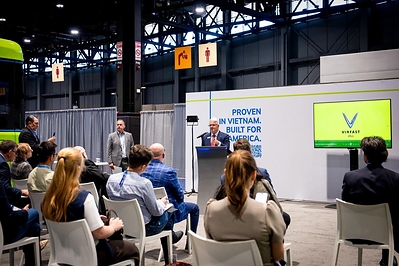 Mr. Robert Hill,  VP of E-Bus Sales, VinFast US, speaks to announce plans to introduce electric buses to the U.S. market through a partnership with NexMove at APTA TRANSform & EXPO 2026 in Chicago. 