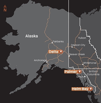 Figure 1: Map showing location of Vizsla Copper’s Palmer Project in relation to Delta and Helm Bay.