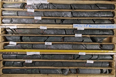 Figure 3: Drill core from CMR26-215 between 197.9 meters and 207.5 meters, including the 1.2-meter interval from 200.3 meters to 201.5 meters grading 23.58% zinc and 25.84% ZnEq. See the Note regarding drill core photographs. Figure 3: Drill core from CMR26-215 between 197.9 meters and 207.5 meters, including the 1.2-meter interval from 200.3 meters to 201.5 meters grading 23.58% zinc and 25.84% ZnEq. See the Note regarding drill core photographs.