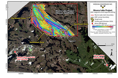 Figure 3: Location of the Southeast Zone (Figure 2) on the Munro Lake Project relative to SSR Mining’s Seabee and Santoy mines**, with the 2026 UAV magnetic survey (reduced-to-pole first vertical derivative) over WorldView-3 imagery and the target areas. Figure 3: Location of the Southeast Zone (Figure 2) on the Munro Lake Project relative to SSR Mining’s Seabee and Santoy mines**, with the 2026 UAV magnetic survey (reduced-to-pole first vertical derivative) over WorldView-3 imagery and the target areas.